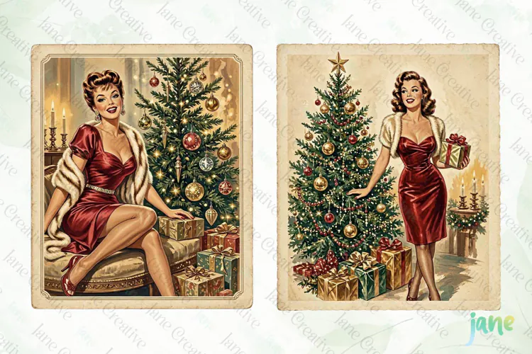 Vintage Christmas Pin-up Stamp Clipart