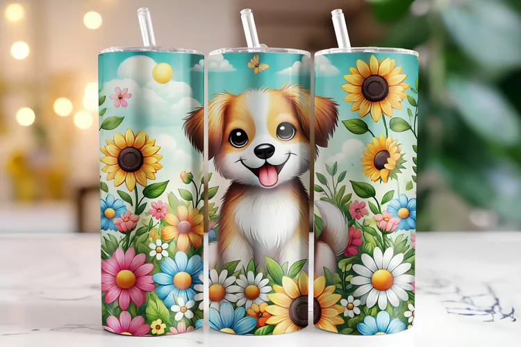 Flowers & Dog Tumbler Wrap | Sublimation | Tumblers