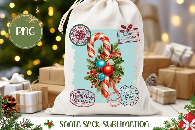 Vintage Christmas Candy Cane Santa Sack Sublimation