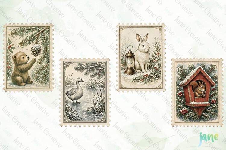 Vintage Winter Postage Stamp Clipart example image 1