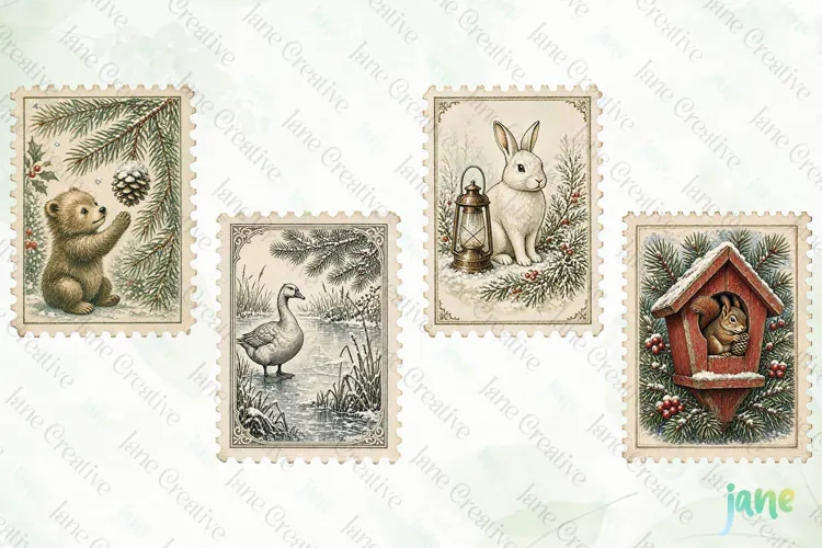 Vintage Winter Postage Stamp Clipart