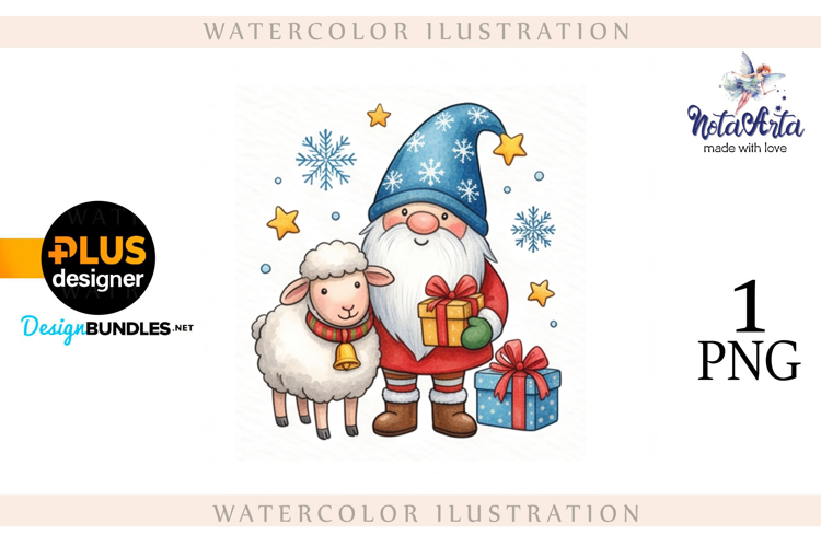 Christmas Gnome Santa with a Sheep in Watercolor Style