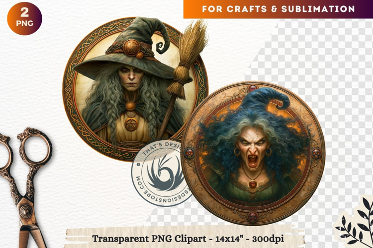 Dark Fantasy Halloween Witches Medallion Clipart sublimation