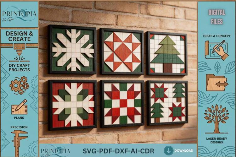 Christmas Quilt Block LaserCut Patterns Wood Wall Art Bundle