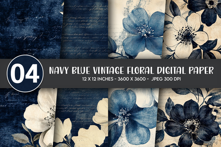 Navy Blue Vintage Floral Digital Paper example image 1