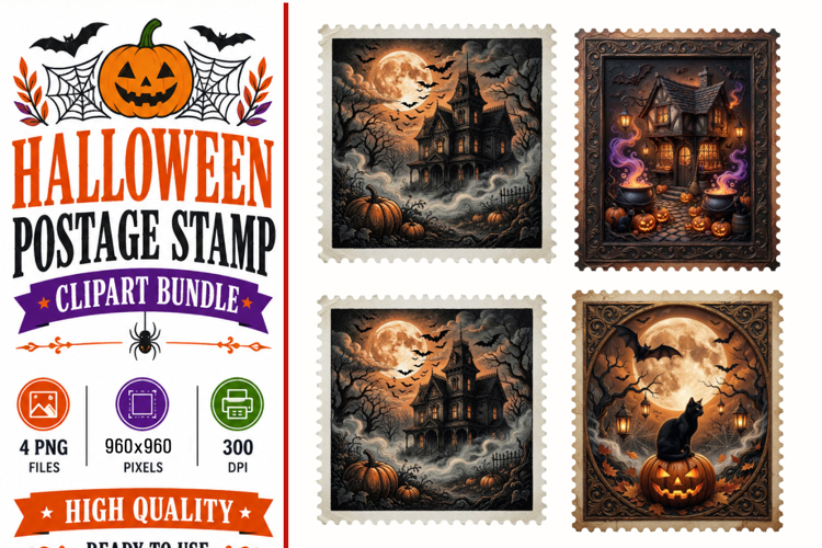 Halloween Postage Stamp PNG,Vintage Gothic Halloween Sublima