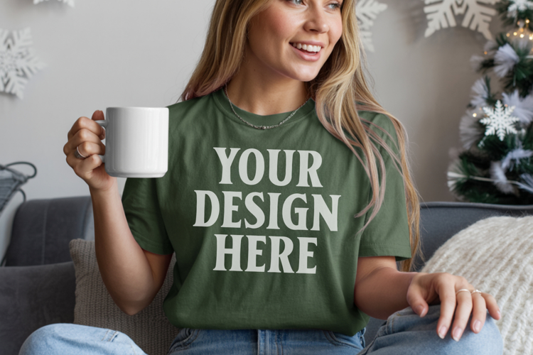 Light Green Comfort Colors 1717 Christmas Shirt Mockup, Coz
