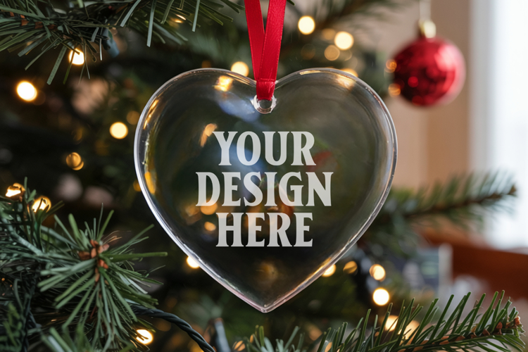Christmas Heart Crystal Glass Ornament Mockup | Clear Heart