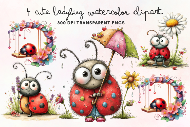 Cute Ladybug Watercolor Clipart PNG