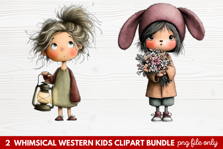 2 Whimsical Western Kids Clipart | Cute Cowboy   Cowgirl PNG