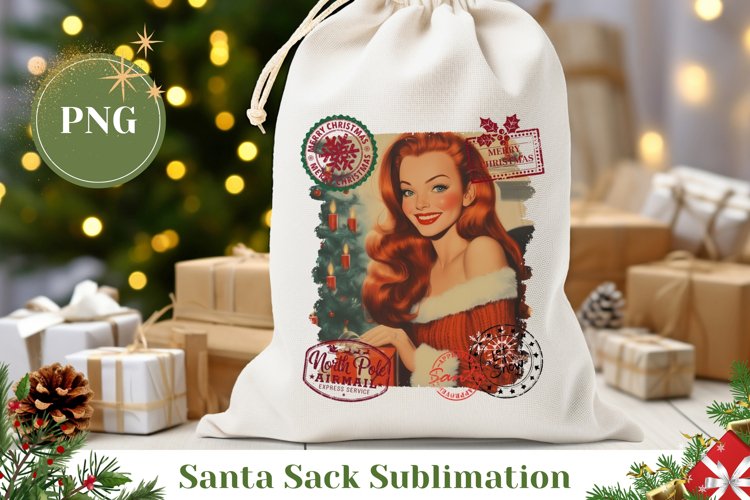 Retro Christmas Girl Santa Sack, Christmas Tree PNG