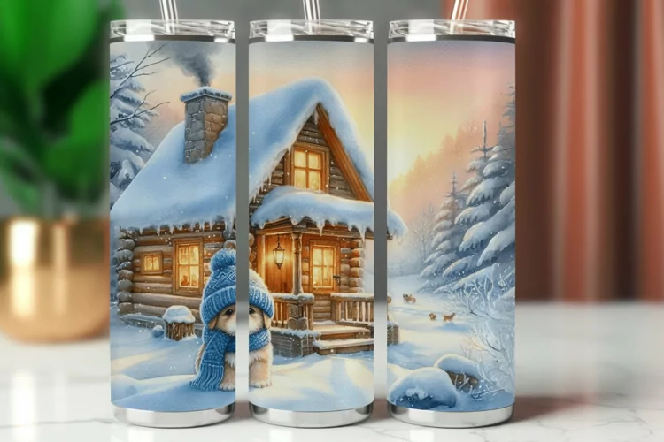Tumbler Wrap 20 oz - winter wooden house with dog