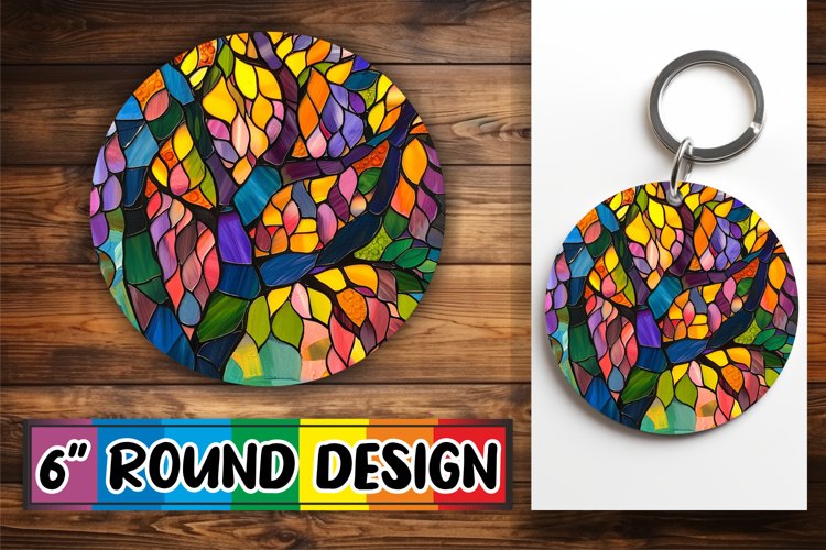 Stained Glass Tree Keychain Colorful Sublimation Art example image 1
