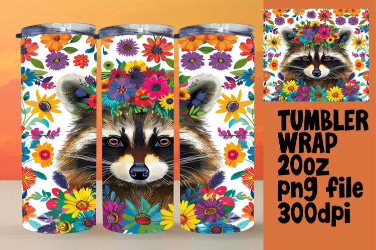 Tumbler Wrap Sublimation: Cheerful Raccoon & Flowers