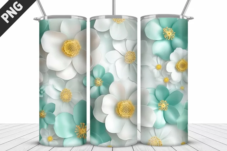 3D White Flowers Tumbler Wrap | Sublimation Design | Tumbler
