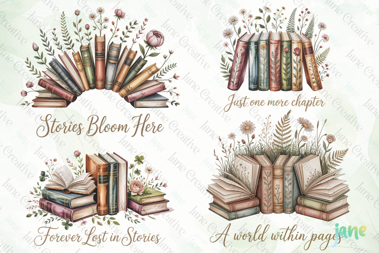 Cottagecore Books and Flowers Clipart