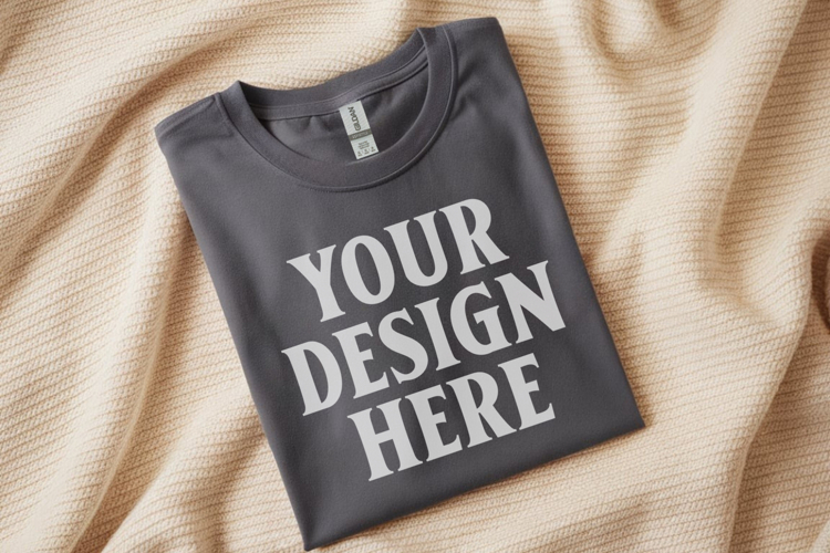 Gildan 64000 Charcoal Folded T-Shirt Mockup | Flat Lay Unise
