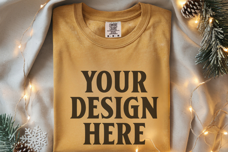 Mustard Comfort Colors 1717 Christmas Folded T-Shirt Mockup