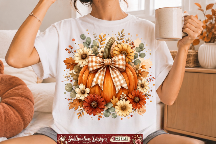 Fall Pumpkin Floral Bow Sublimation PNG