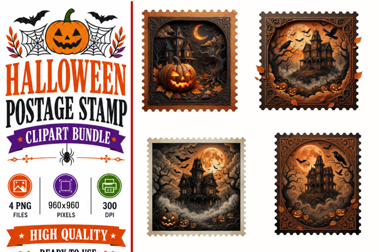 Halloween Postage Stamp PNG,Halloween Vintage Sublimation