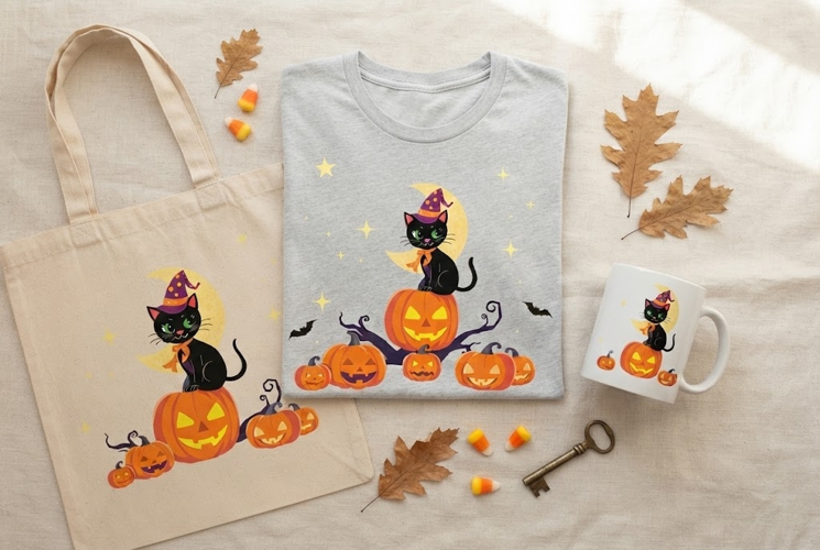 Halloween Black Cat Pumpkin PNG | Witchy Cat Halloween Desig