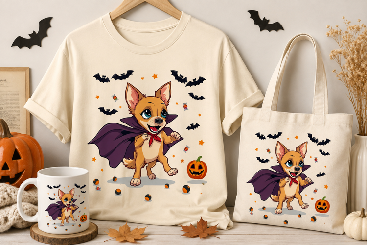 Cute Vampire Dog PNG with Bats & Pumpkin | Halloween Clipart