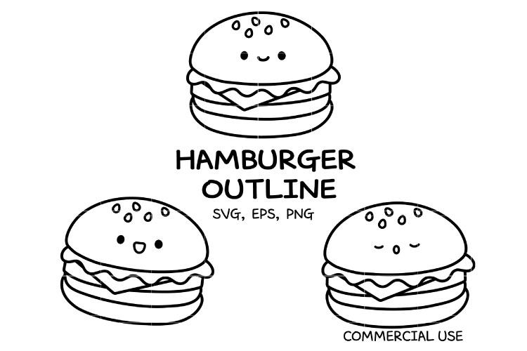 Cute Kawaii Hamburger Outline SVG Bundle | Burger Clipart PN