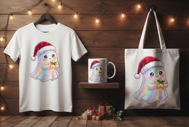 Cute Christmas Ghost Design with Santa Hat and Star