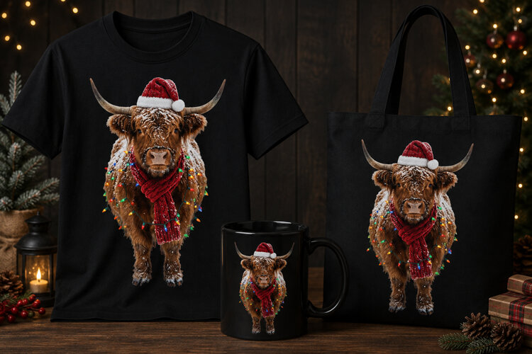 Snowy Christmas Highland Cow PNG with Santa Hat Design example image 1