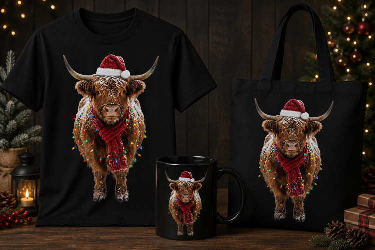 Snowy Christmas Highland Cow PNG with Santa Hat Design