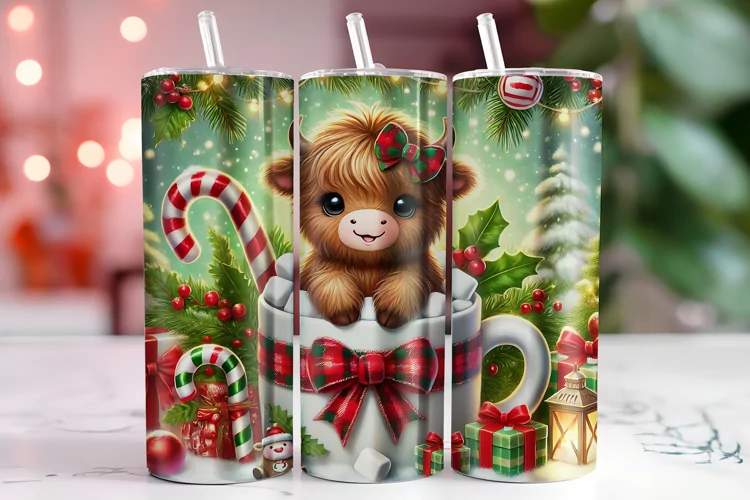 Christmas Highland Cow Tumbler Wrap | Sublimation | Tumblers