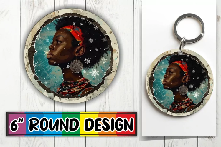 Keychain Round Design Winter Holiday Woman Portrait