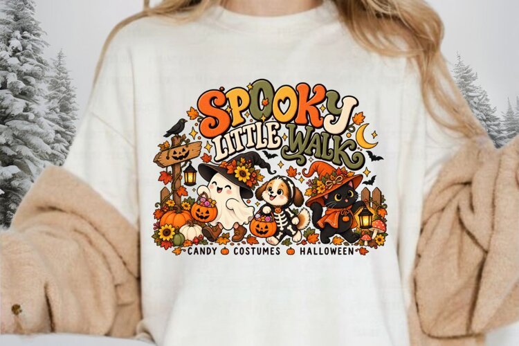 Spooky Little Walk PNG, Cute Ghost Dog Cat Halloween example image 1