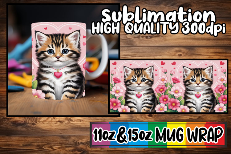 Cheerful thoughts 11oz 15oz sublimation wrap, Valentines Cat