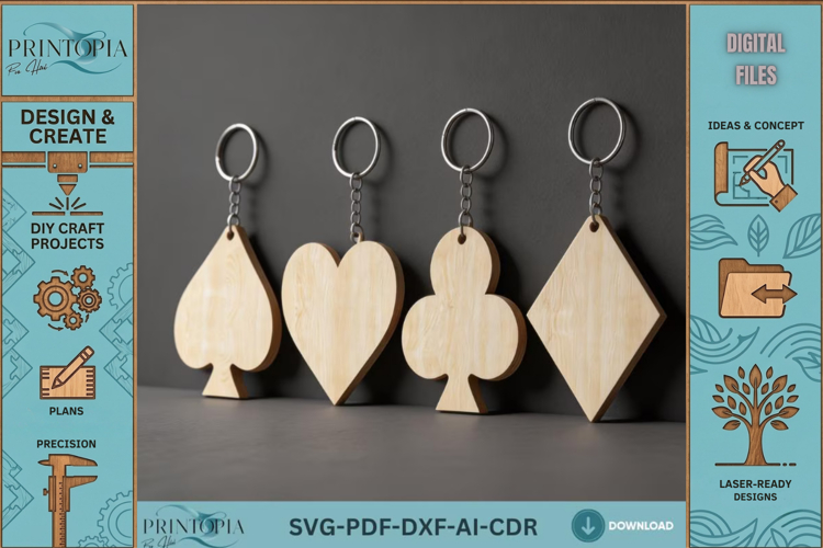 Playing Card Suits Keychain LaserCut Plans Poker Heart Spade