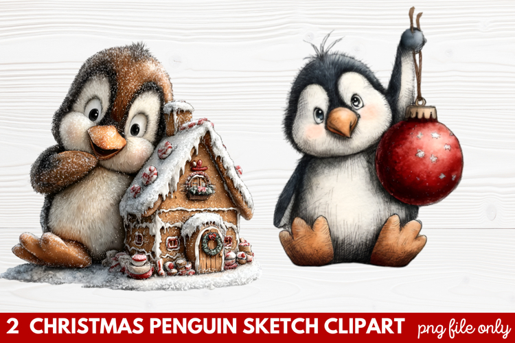 Christmas Penguin Sketch Clipart | Hand-Drawn Holiday