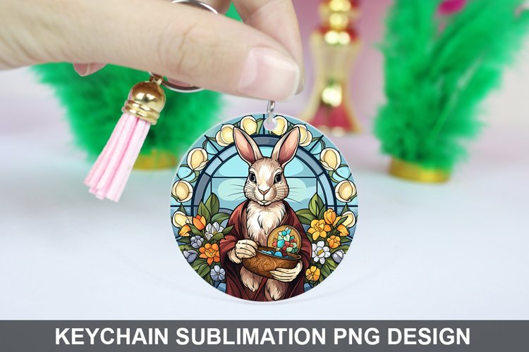Bunny Round Keychain, Bunny Flowers Keychain Design