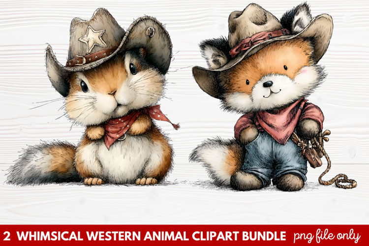 2 Whimsical Western Animal Clipart | Cute Cowboy Animals PNG