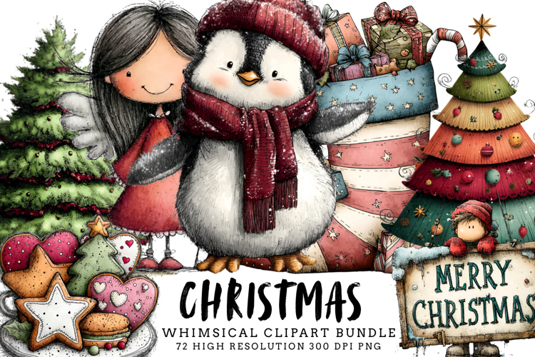Whimsical Christmas Clipart Bundle | Cute Holiday PNG Set |