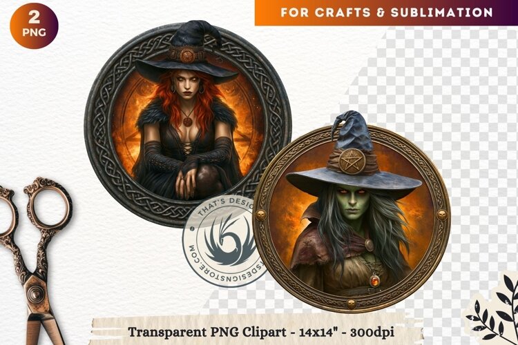 Dark Fantasy Halloween Witches Medallion Clipart sublimation example image 1