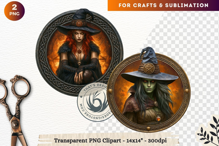 Dark Fantasy Halloween Witches Medallion Clipart sublimation