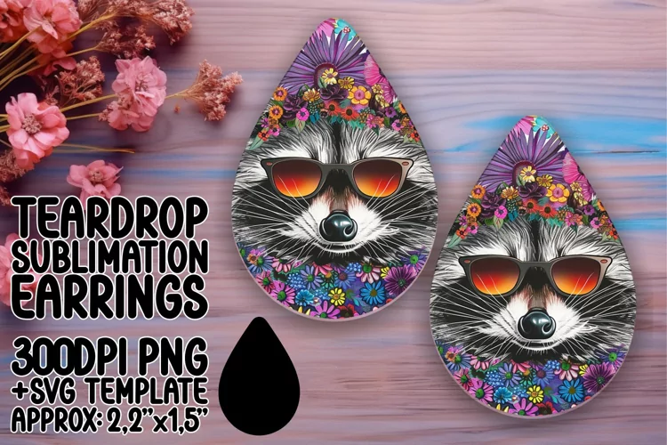 Teardrop Earrings Sublimation: Cheerful Raccoon & Flowers