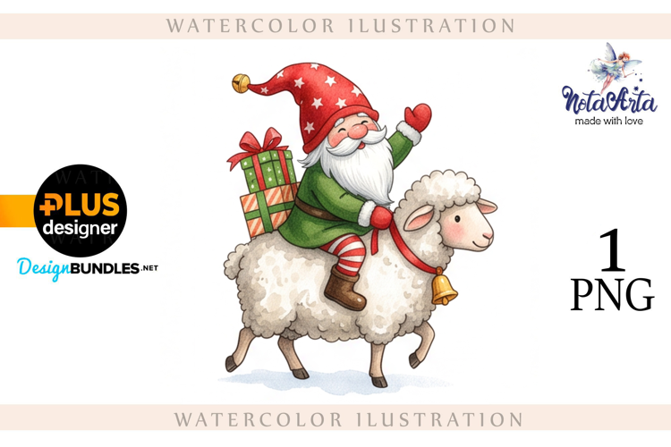 Christmas Gnome Santa with a Sheep in Watercolor Style