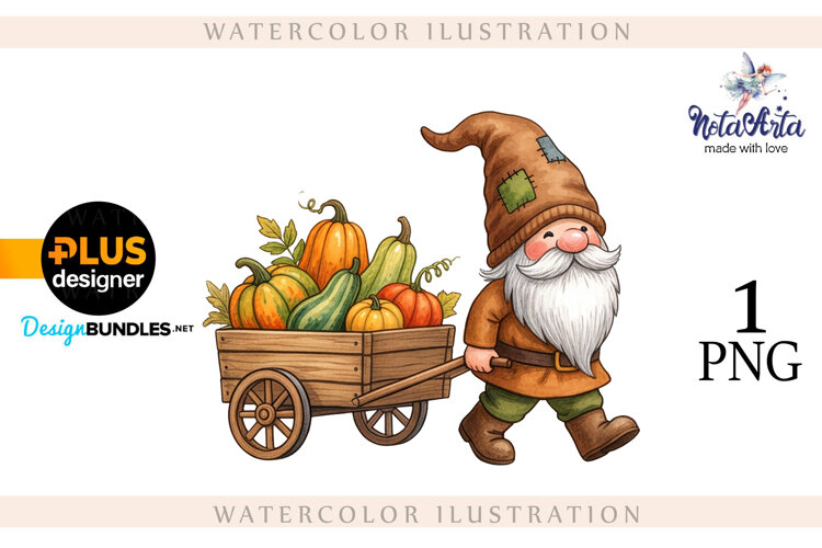 Gnomes with Pumpkin Harvest in Watercolor Style example image 1