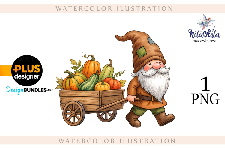 Gnomes with Pumpkin Harvest in Watercolor Style