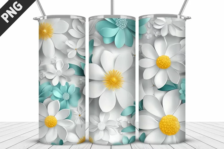 3D White Flowers Tumbler Wrap | Sublimation Design | Tumbler