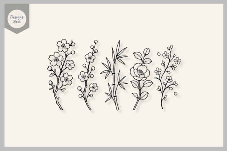Japanese Botanical Stems SVG, Sakura Cherry Blossom SVG example image 1