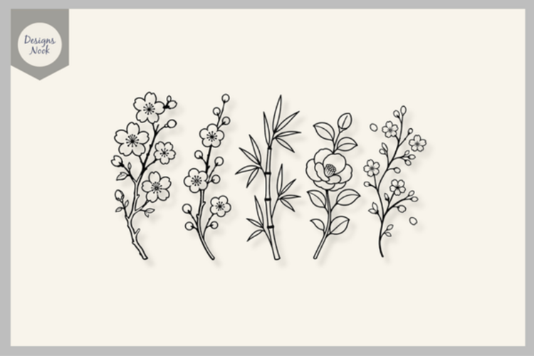 Japanese Botanical Stems SVG, Sakura Cherry Blossom SVG
