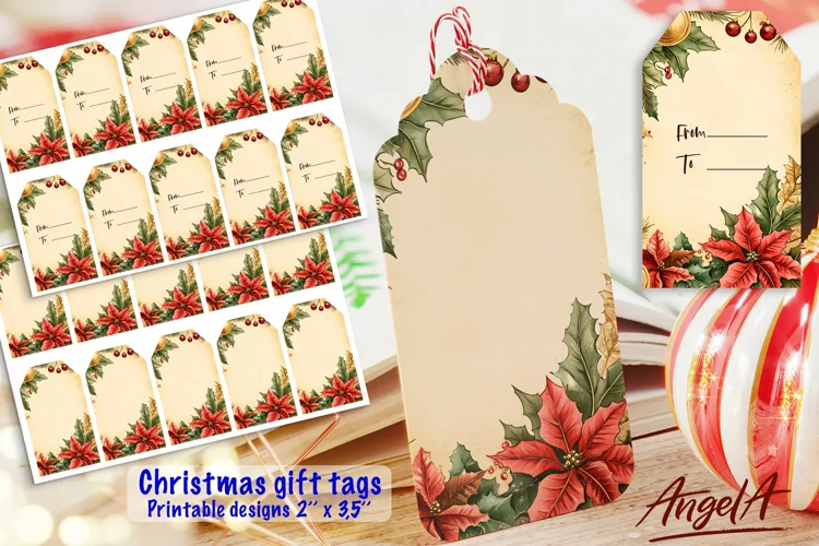 Merry Christmas printable gift tags, floral tags, poinsettia
