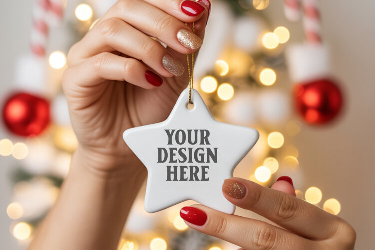 Christmas Star Ceramic Ornament Mockup | Cozy Boho Holiday D example image 1